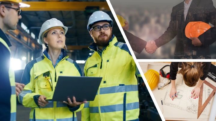 A collage of industrial workers in hardhats, safety equipment, and business people shaking hands.