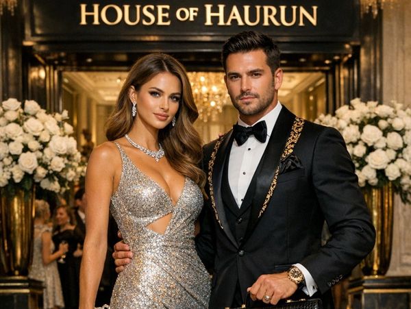 Elegant couple posing at the House of Haurun event.
