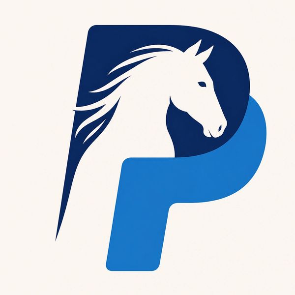 Stylized horse silhouette integrated into a blue letter P logo.