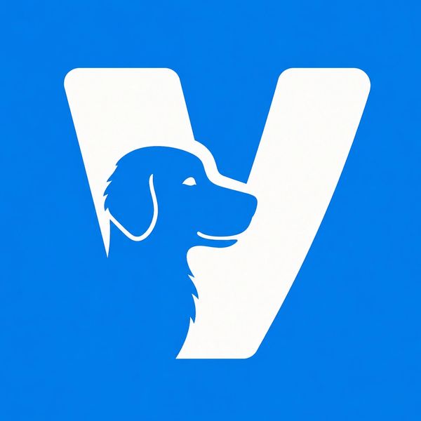 White dog silhouette integrated into white letter V on blue background.