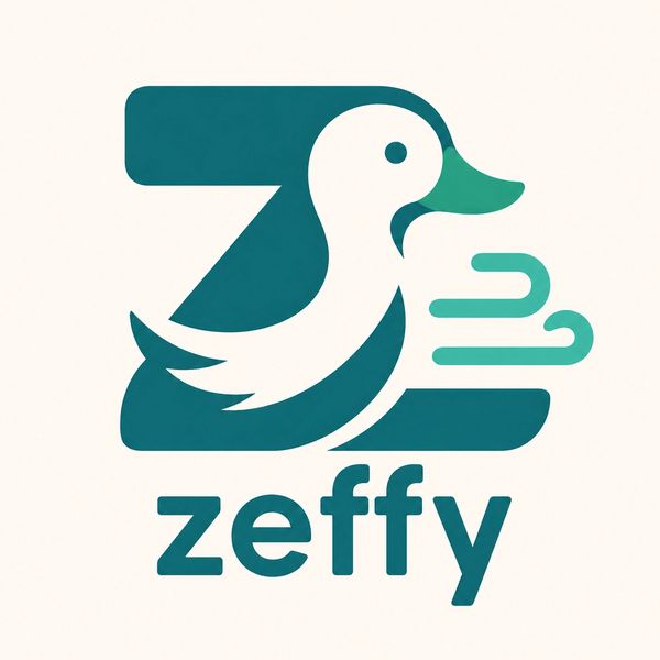 Logo of a duck with wind lines and text 'zeffy'.
