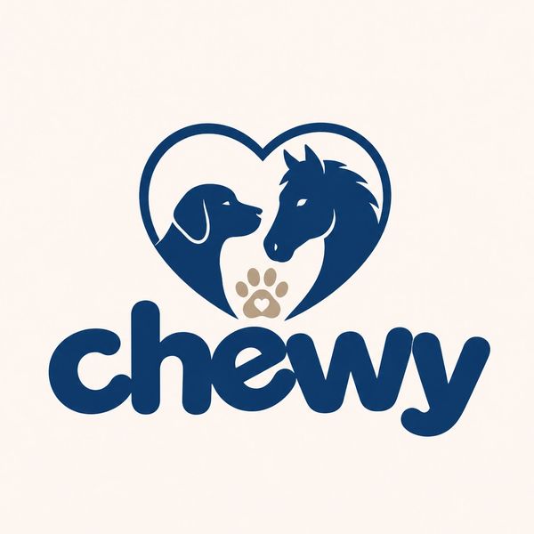 Chewy logo featuring a dog and horse inside a heart shape with a paw print.