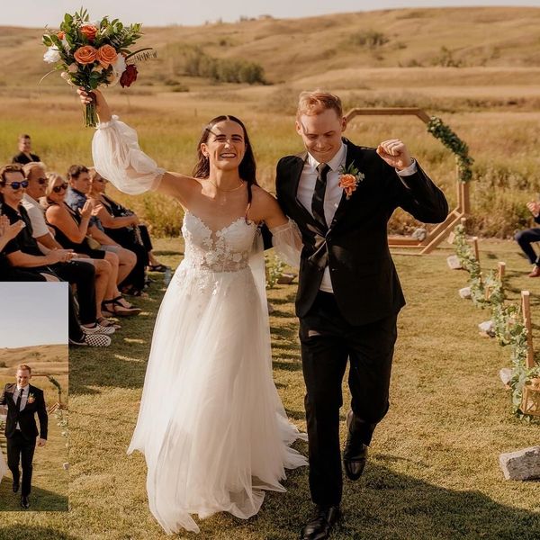 Bride and groom joyfully walk down the aisle after their outdoor wedding ceremony.
