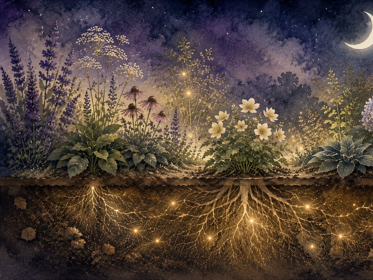Glowing roots of flowers under a starry night.