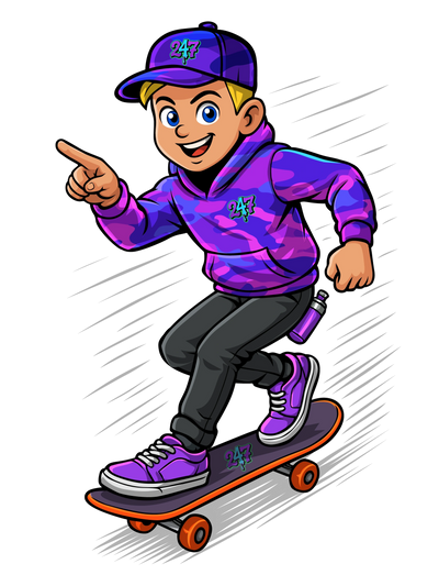JJ, a cartoon boy, rides his skateboard, embodying fun and youthful energy in a vibrant scene.