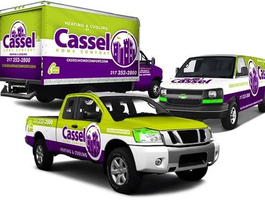 A Cassel truck wrapped in eye-catching graphics, parked on a city street, promoting a local business