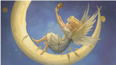 Child angel sitting on crescent moon with acorn.