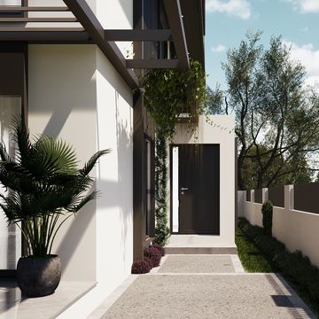 Modern house exterior with potted plant and black door under clear sky.