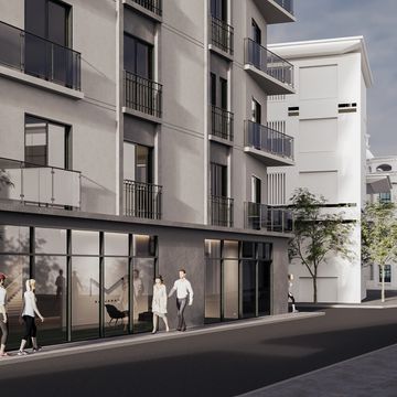 Modern street scene with people walking by a building with glass balconies and large windows.