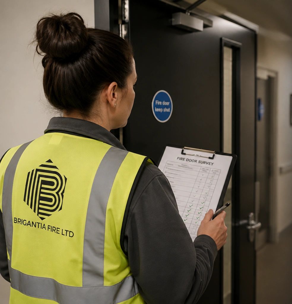 Worker inspecting fire door with survey clipboard.