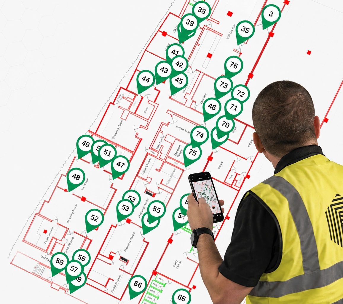 Worker views a floor plan with numbered markers on phone.