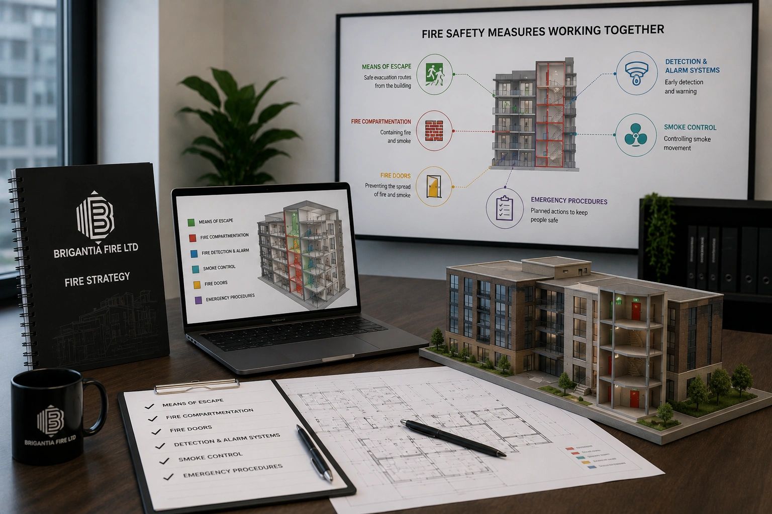 Desk with fire strategy plans, architectural model, and presentation screen.