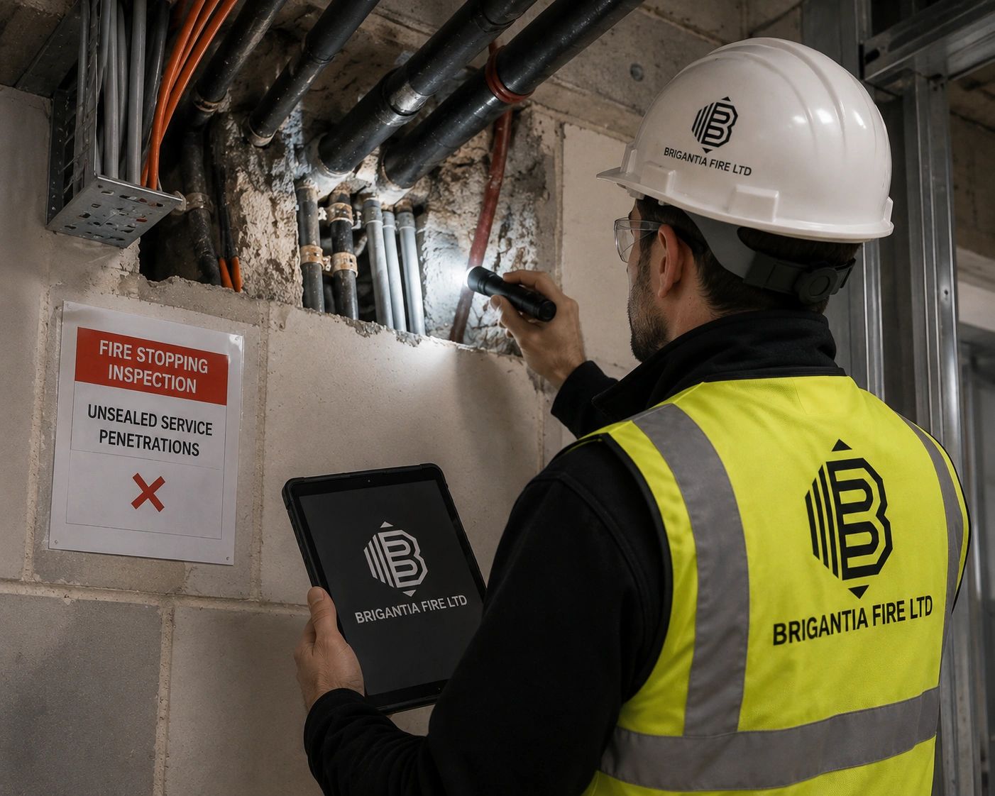 Fire inspection worker examining pipes with a flashlight.