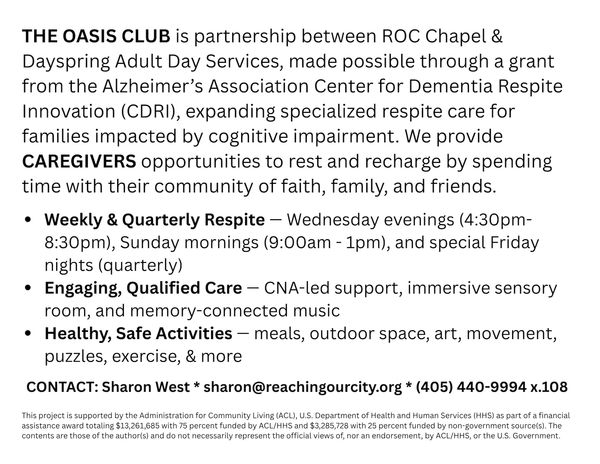 Informative flyer about The Oasis Club respite care for caregivers with specialized support and activities.