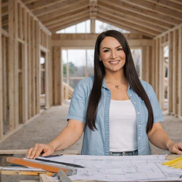 Smiling woman with construction plans inside a wooden frame house under construction.