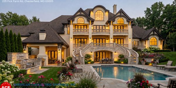 Luxurious estate with elaborate staircase and swimming pool.