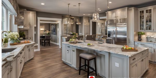 Large modern kitchen with marble countertops and wooden floor.