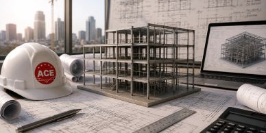 Architectural workspace with building model and blueprints.