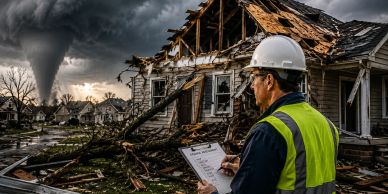 Inspector assesses tornado damage on a house.