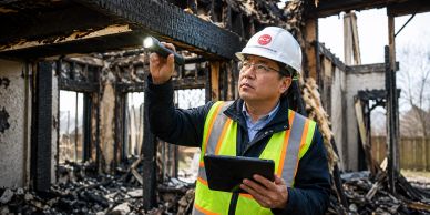 Inspector examining fire-damaged building with flashlight.