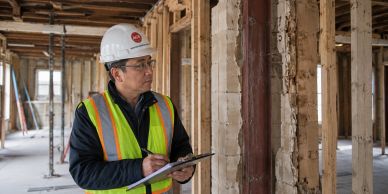 Construction worker inspecting building framework with clipboard.