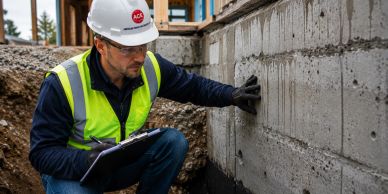 Construction worker inspecting a concrete wall.