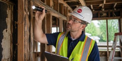 Construction worker inspecting a building with a flashlight.