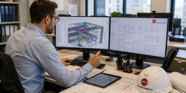 Engineer working on building plans with dual monitors and blueprints.