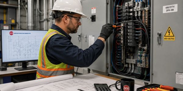 Electrician inspecting a high voltage panel with tools and blueprints.