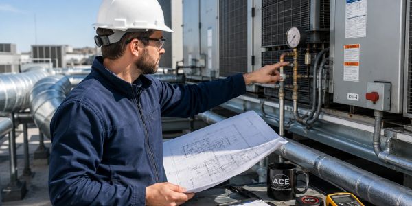 Engineer inspecting HVAC system on rooftop.