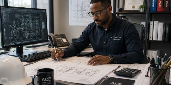Engineer working on architectural blueprints at desk.