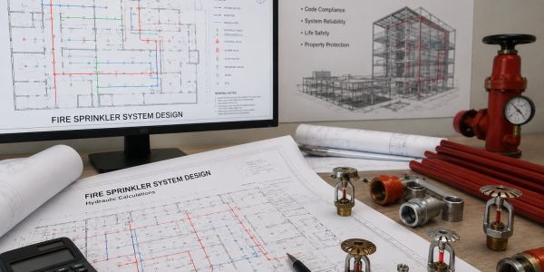 Fire sprinkler system design plan with tools and parts.
