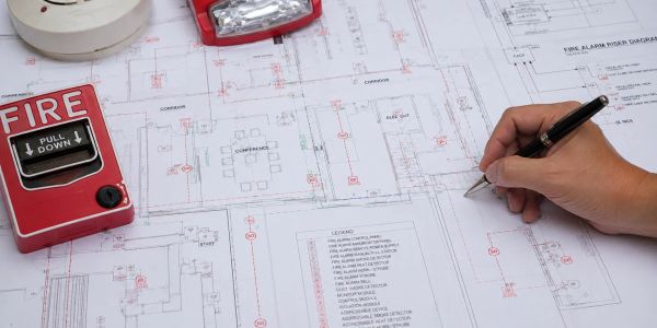 Fire safety devices on a fire alarm system blueprint with a hand holding a pen.