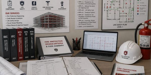 Fire protection engineering workspace with safety plans and equipment.