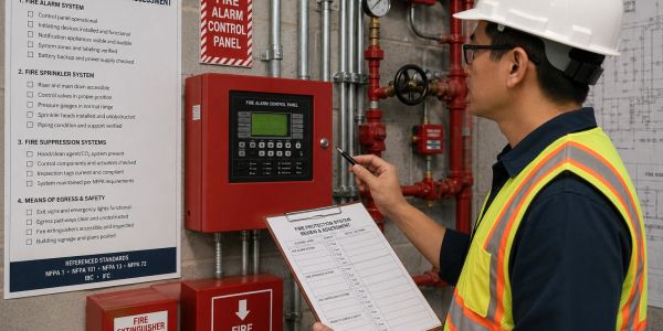 Worker inspecting fire protection system control panel with checklist.