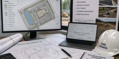 Civil engineering plans and tools on a desk.