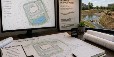 Workspace with grading and drainage plans and a construction site visible outside.