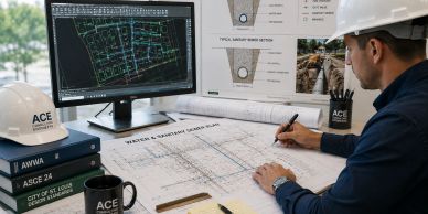 Engineer working on water and sanitary sewer plans.