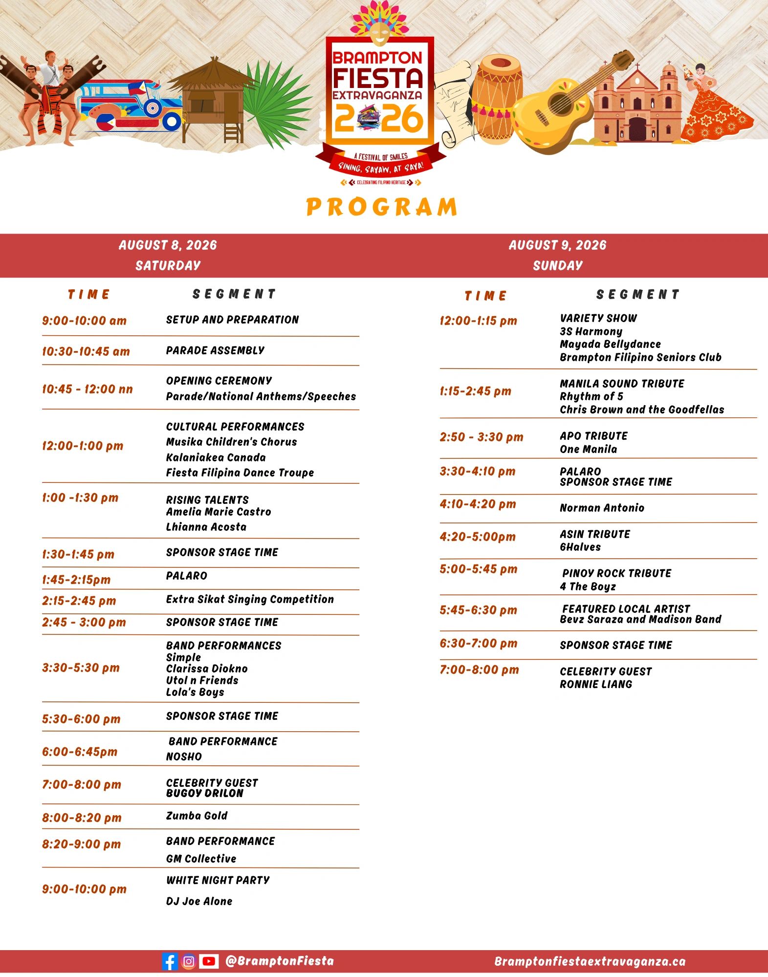 Two-day program schedule for Brampton Fiesta Extravaganza 2026.