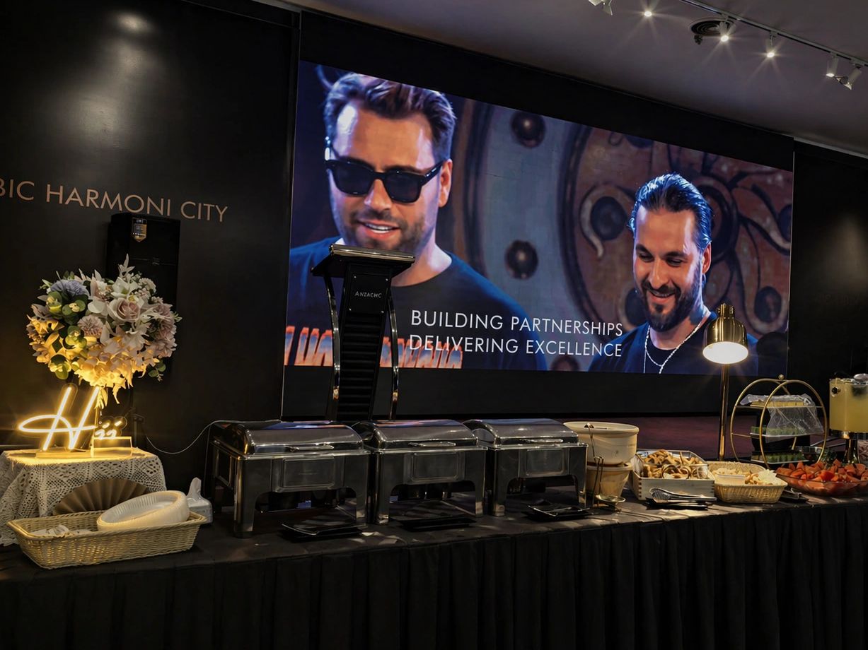 Buffet setup with a large screen displaying two men and a motivational message.
