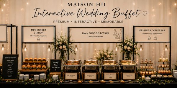 Elegant interactive wedding buffet with mini burgers, main dishes, and dessert coffee bar.