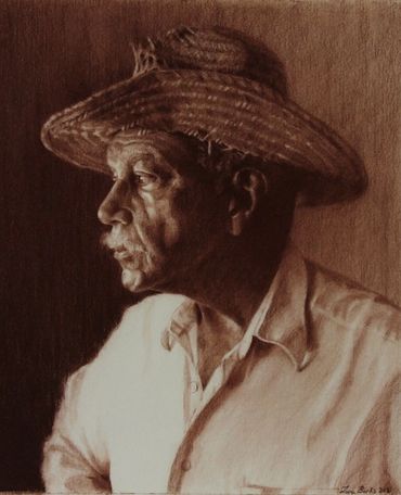 3/4 view, pastel portrait drawing of older African American man. A weathered straw hat on his head.