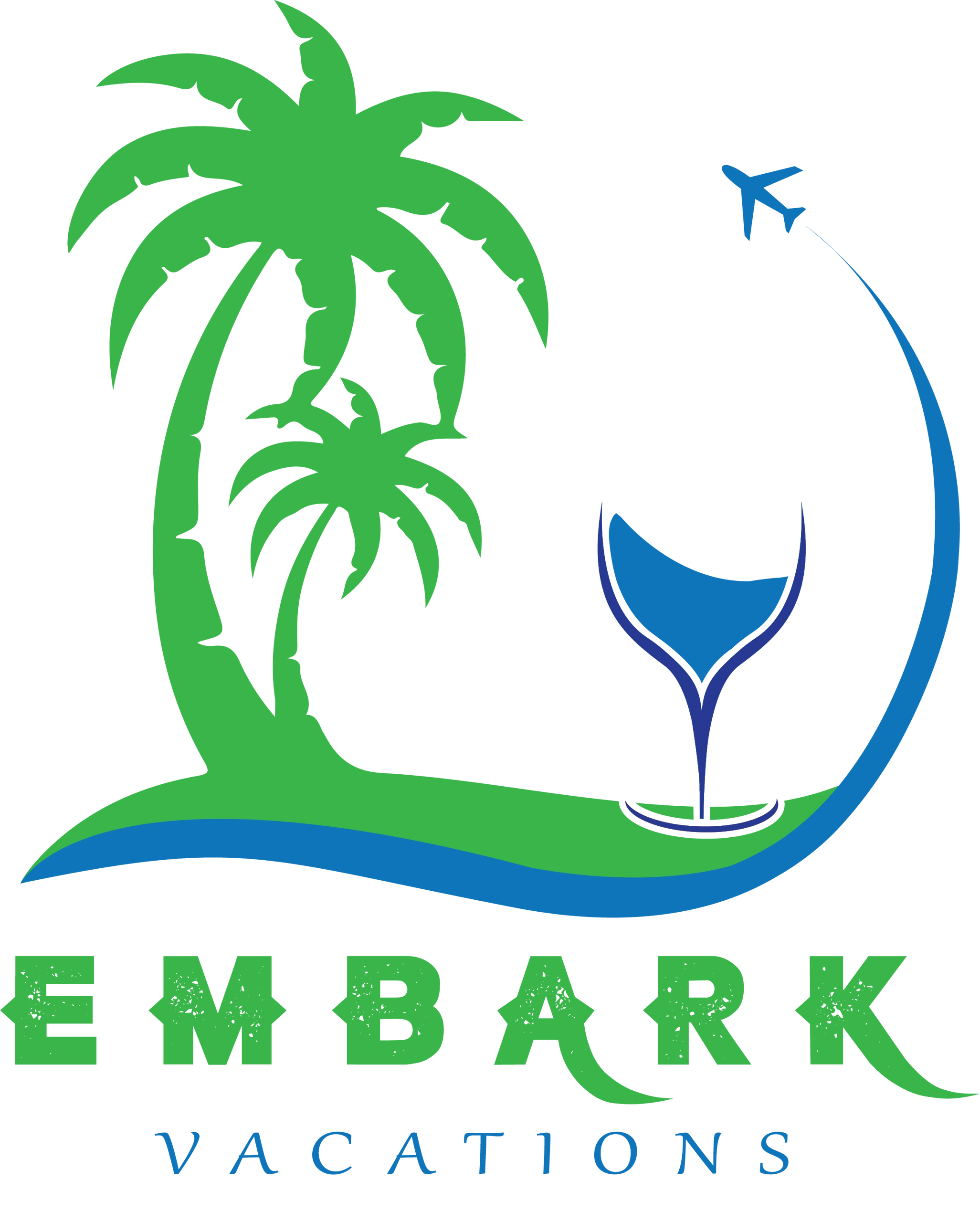 Embark Vacations logo featuring palm trees, a wine glass, and plane taking off into the sky.