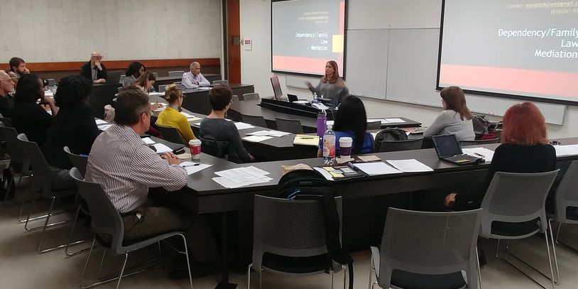 A classroom lecture on Dependency and Family Law Mediation with attentive students.