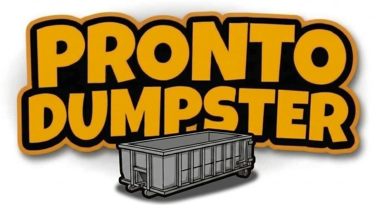 Bold 'Pronto Dumpster' text with a dumpster illustration.
