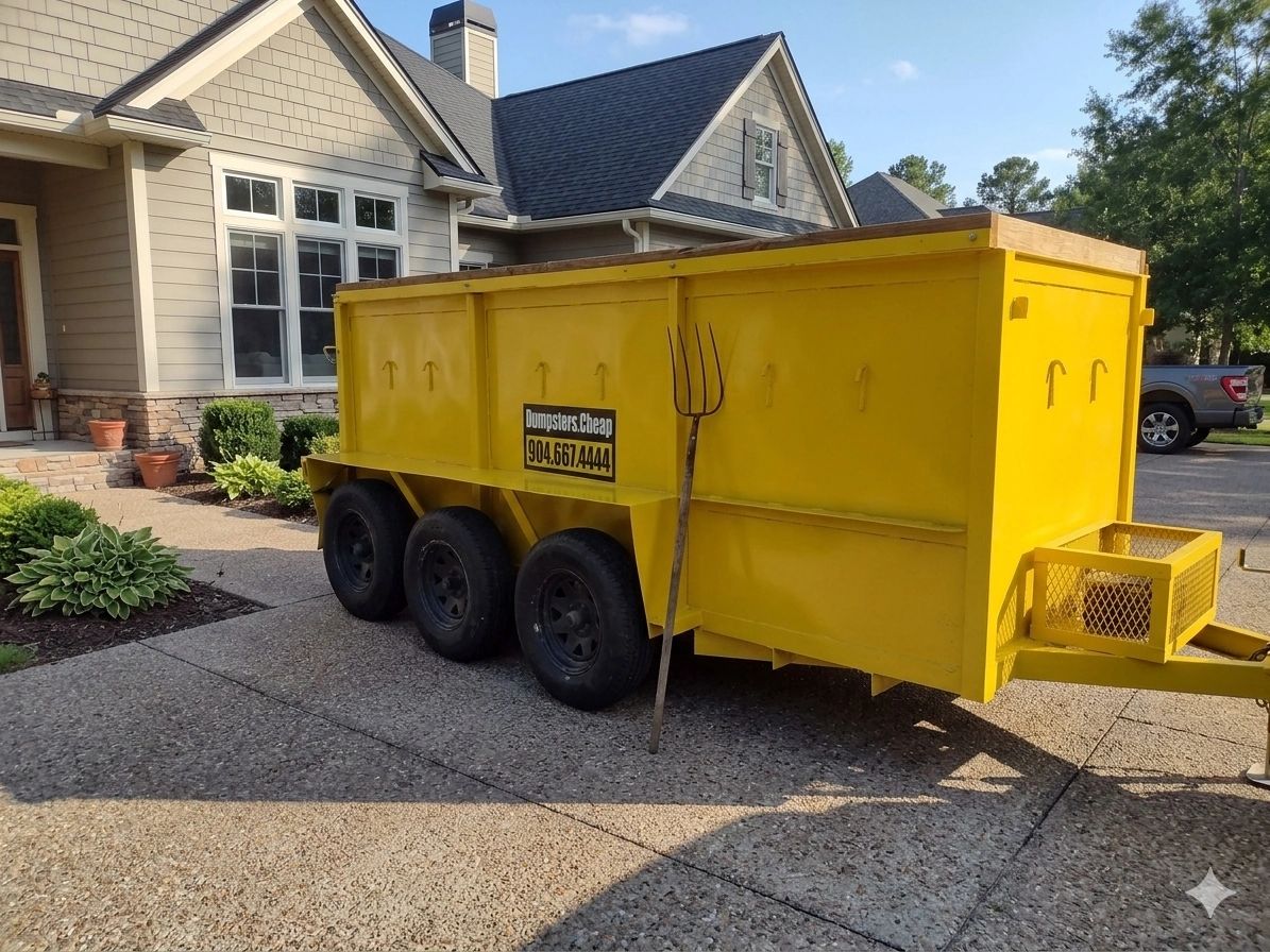 Bright yellow dumpster trailer parked outside a suburban house with a pitchfork leaning against it.