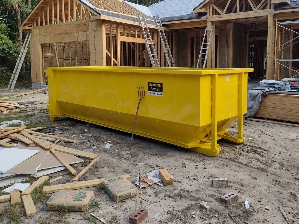 A yellow dumpster at a house construction site with ladders and building materials scattered around.