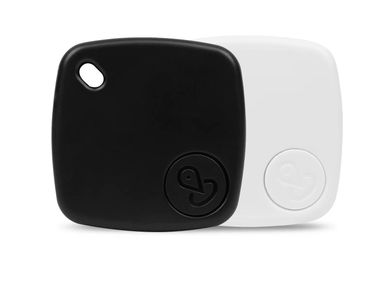 Two square Bluetooth trackers, one black and one white, with a small hole for attachment.