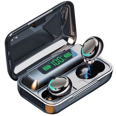 Wireless earbuds with charging case and digital battery display.