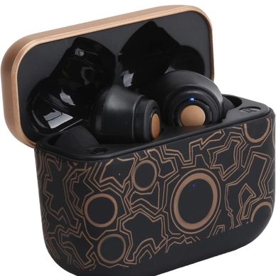 Wireless earbuds with a stylish black and gold geometric case design.